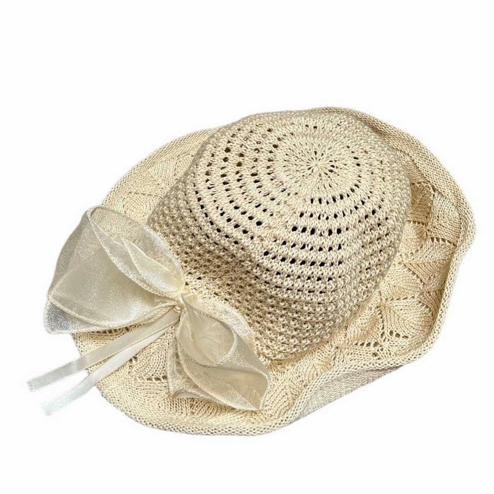Vintage Beach Crochet Woven Beige Bow Floppy Hat Women’s Adult Size Feminine